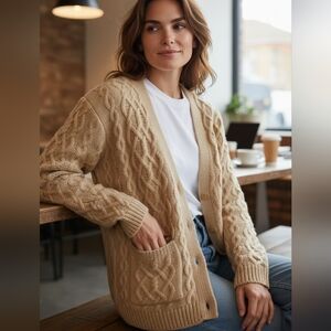 Jillian Jones Lambswool Fishermen Large Sweater Hand Knit Cardigan Butter Yellow